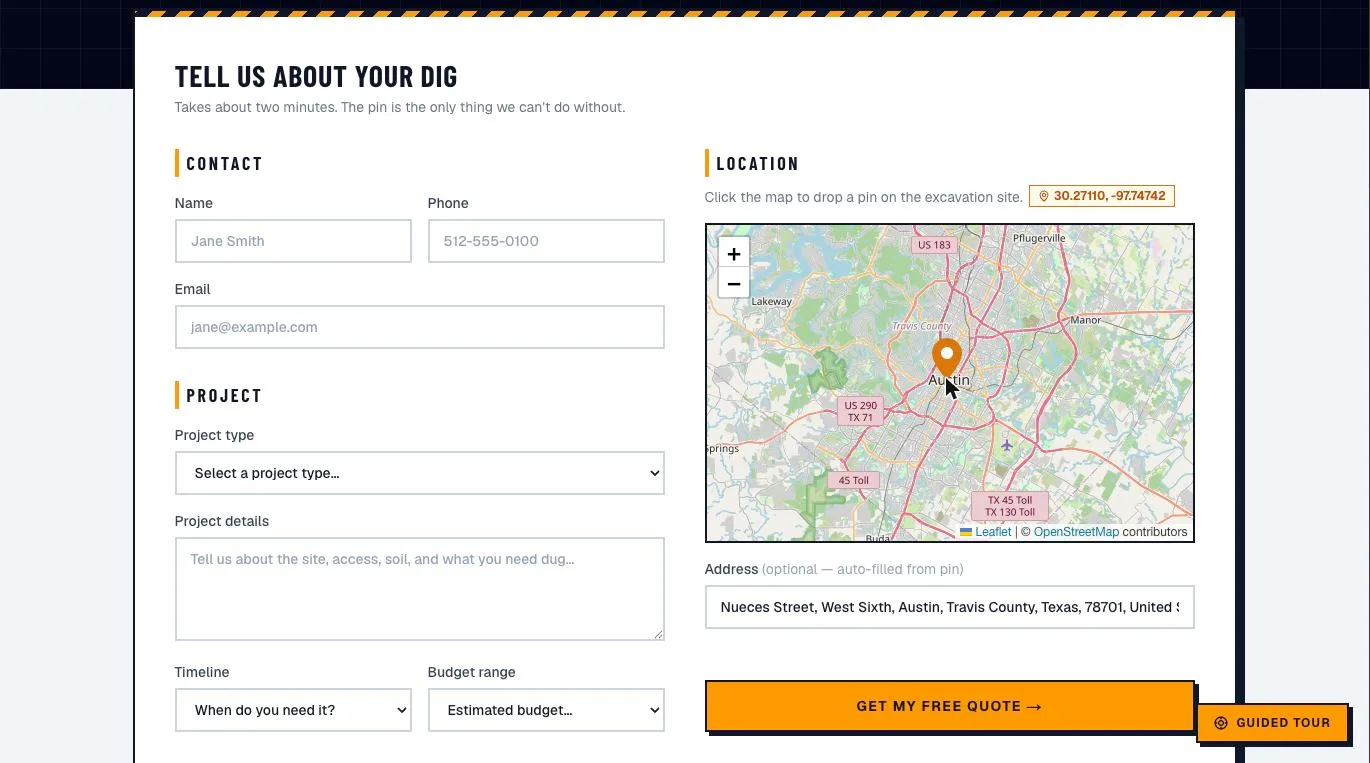The lead form with a pin dropped on an Austin map. A coordinate badge reads 30.27110, -97.74742, the address field has auto-filled to Nueces Street, and the submit button has turned orange and active.
